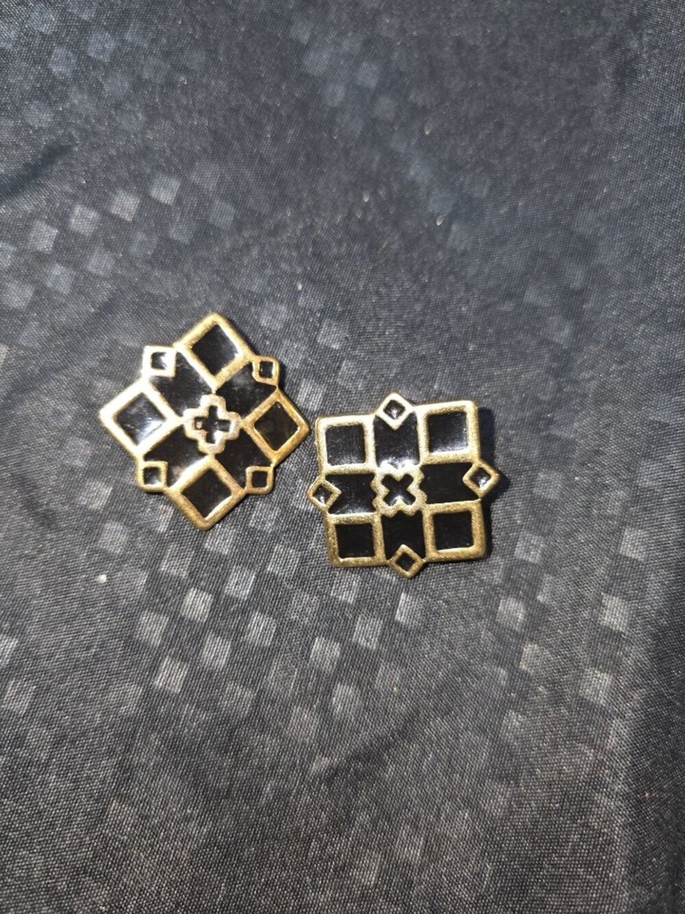 Vintage Monet Gold-Tone Black Enamel Clip-On Earrings Geometric Design 1 Inch